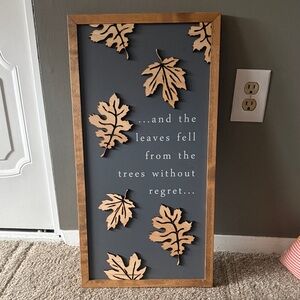 Laser cut Wall Plaque Sign with Wood Leaf Accents - Gray and Natural Wood